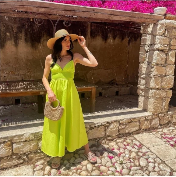 Zara Poplin Dress with Pockets Midi Maxi Lime - Picture 4 of 12